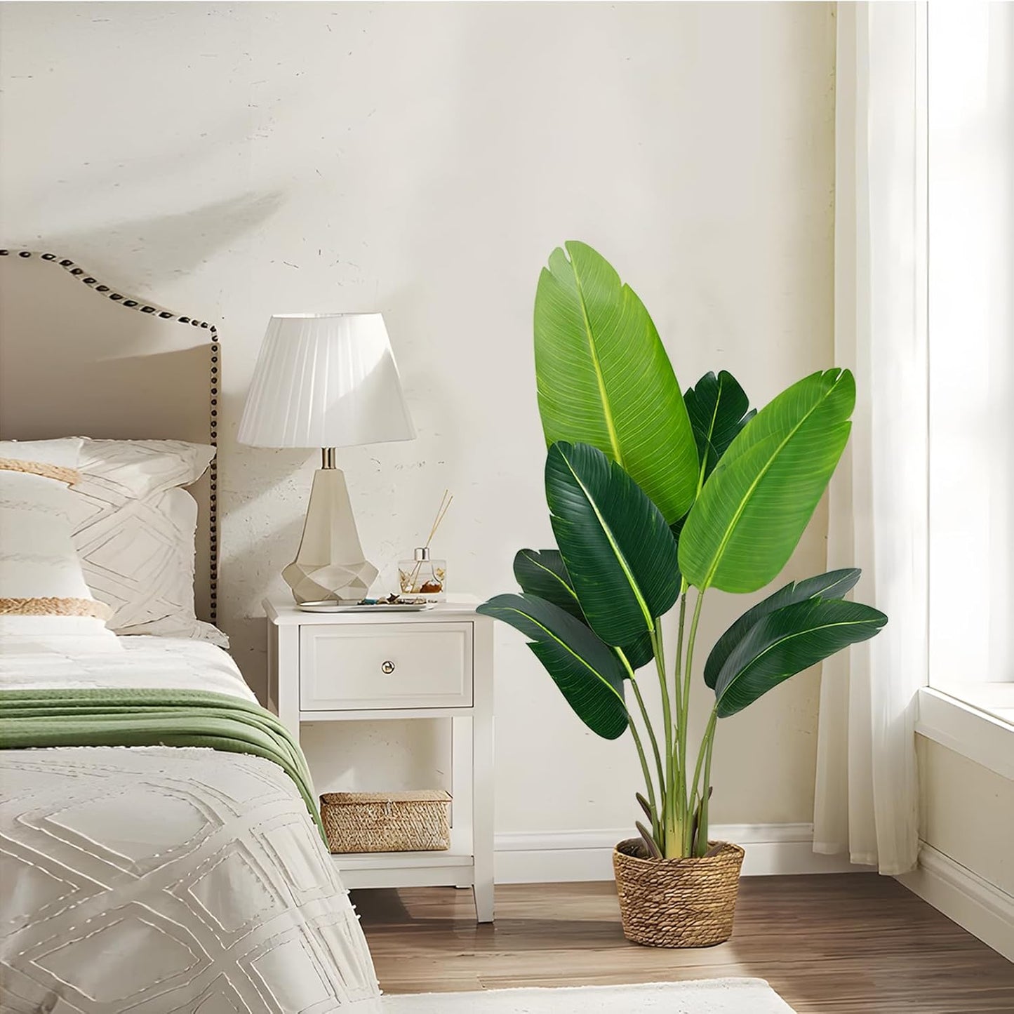 Artificial Bird of Paradise Plant 4Ft Fake Tropical Palm Tree with 8Trunks Faux Banana Leaf Trees in Pot for Home Indoor Outdoor Office Modern Decor Housewarming Gift(2Pcs)