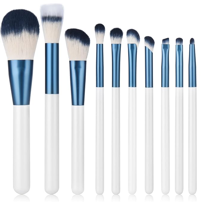 Makeup Brushes Set With Case 10Pcs White Makeup Brush Kit Foundation Eyeshadow Powder Blending Kabuki Eyebrow Eyelash Brushes Cosmetic Brush Travel Kit Gift (White+Blue)