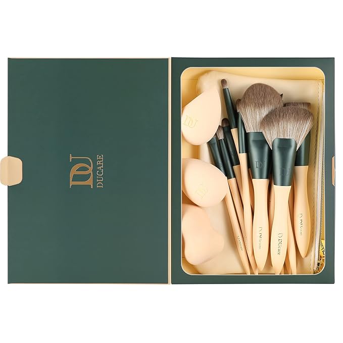 DUcare Makeup Brushes 14Pcs with 3Pcs Makeup Spong & Cosmetic Bag - Lime Mojito Series Makeup Brush Set for Foundation Blending Face Powder Blush Concealers Eye Shadows