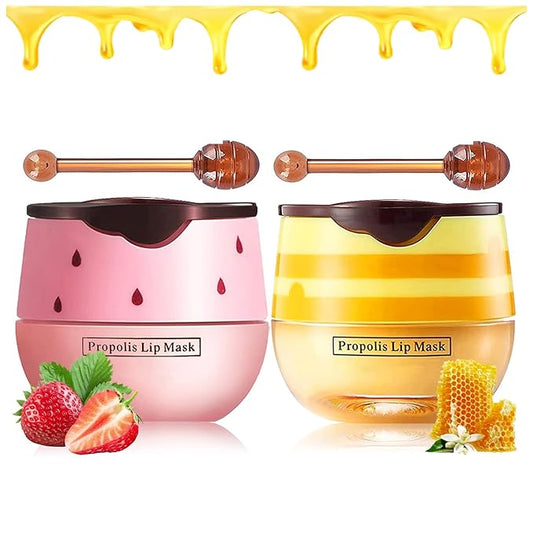 Honey Lip Balm Pot, Propolis Lip Mask, Strawberry Hydrating Propolis Lip Sleeping Mask, Prevent Dry&Cracked, Lip Repair Nourishes the Lip Skin (Honey & Strawberry)