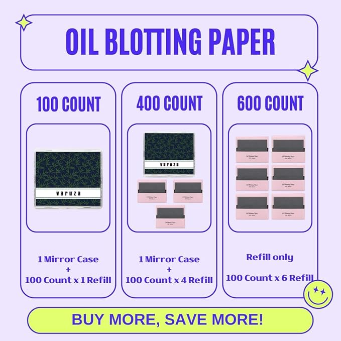 [600 Counts Refills Only] Natural Bamboo Charcoal Oil Blotting Sheets for Face with Mirror Case and Refills