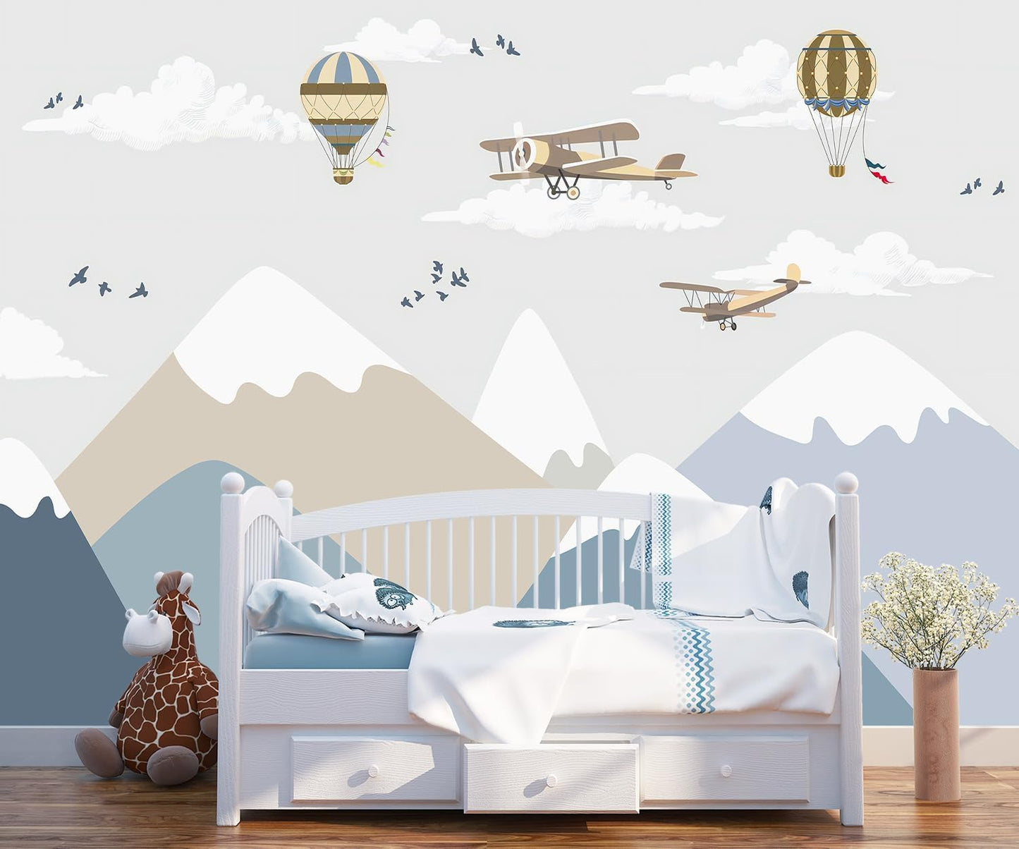 -Children's Room Cartoon Balloon Mountain Fabric Wallpaper Nursery Mural 140" x 91" (Not Peel and Stick)