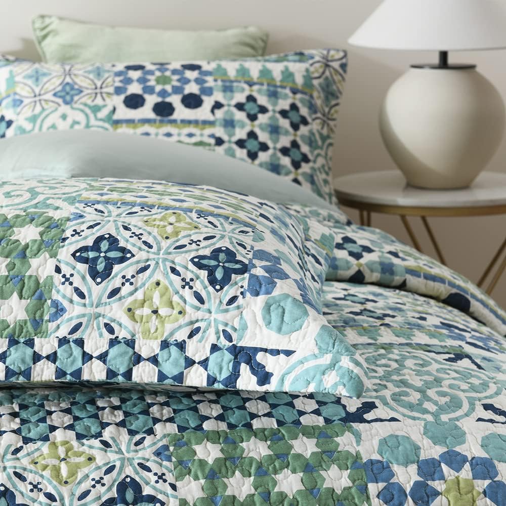 Cotton Bedspread Quilt Sets Reversible Coverlet Sets Comforters Vintage Bohemian Patchwork Bedspread (Green, King Size)