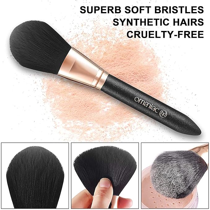 OMANIAC Makeup Brush Set Professional, 12 Pearlescent Wood Handle Makeup Brushes, Premium Cruelty-Free Synthetic Fiber Hair, Travel Make up Brushes Set with Case (Black).