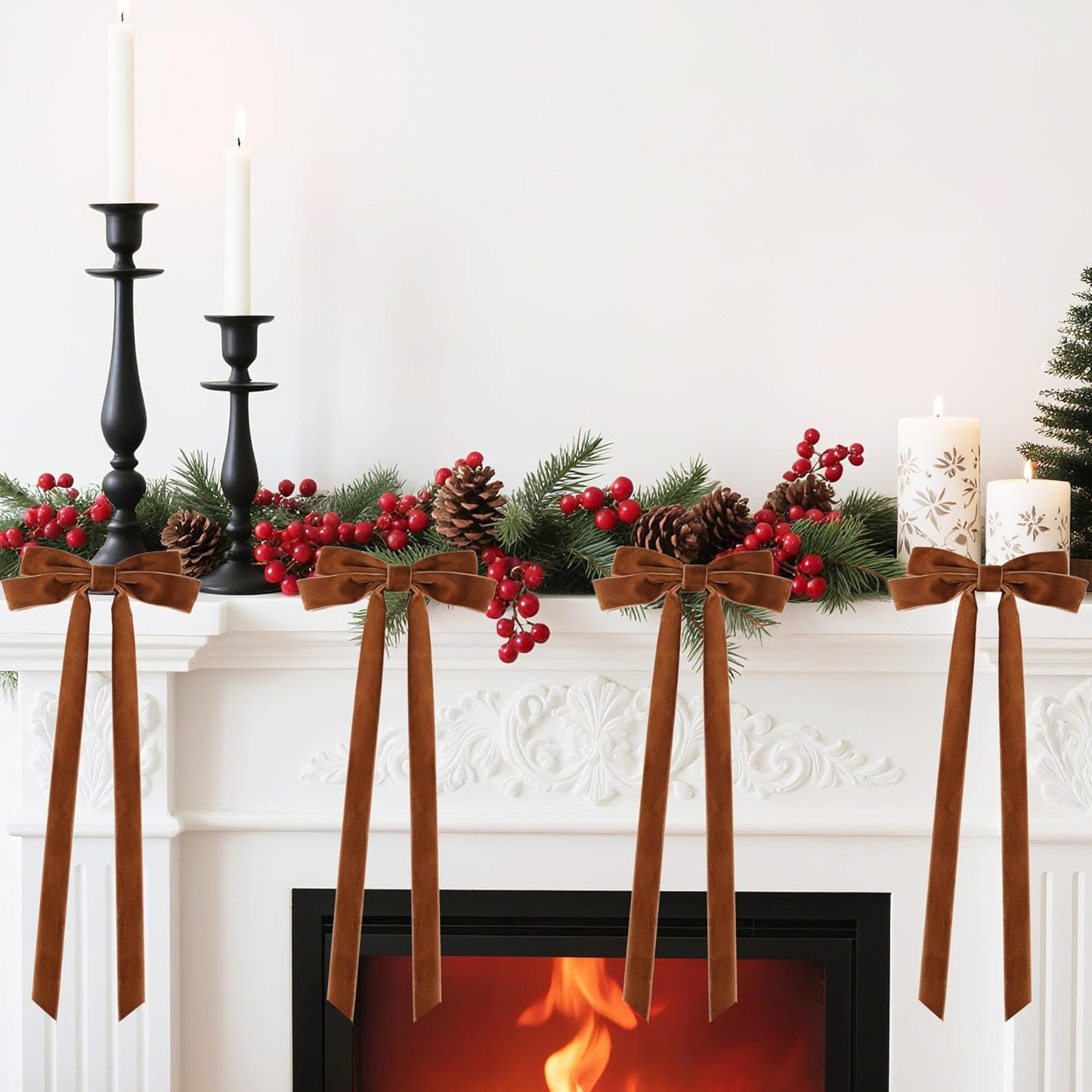 Senjie 10Pcs Large Velvet Christmas Tree Bows, 20in x 8in Premade Vintage Ribbon Tree Topper Bows Ornaments for Staircase Garland Wreath Holiday Home DIY Crafts Decorations, Light Brown