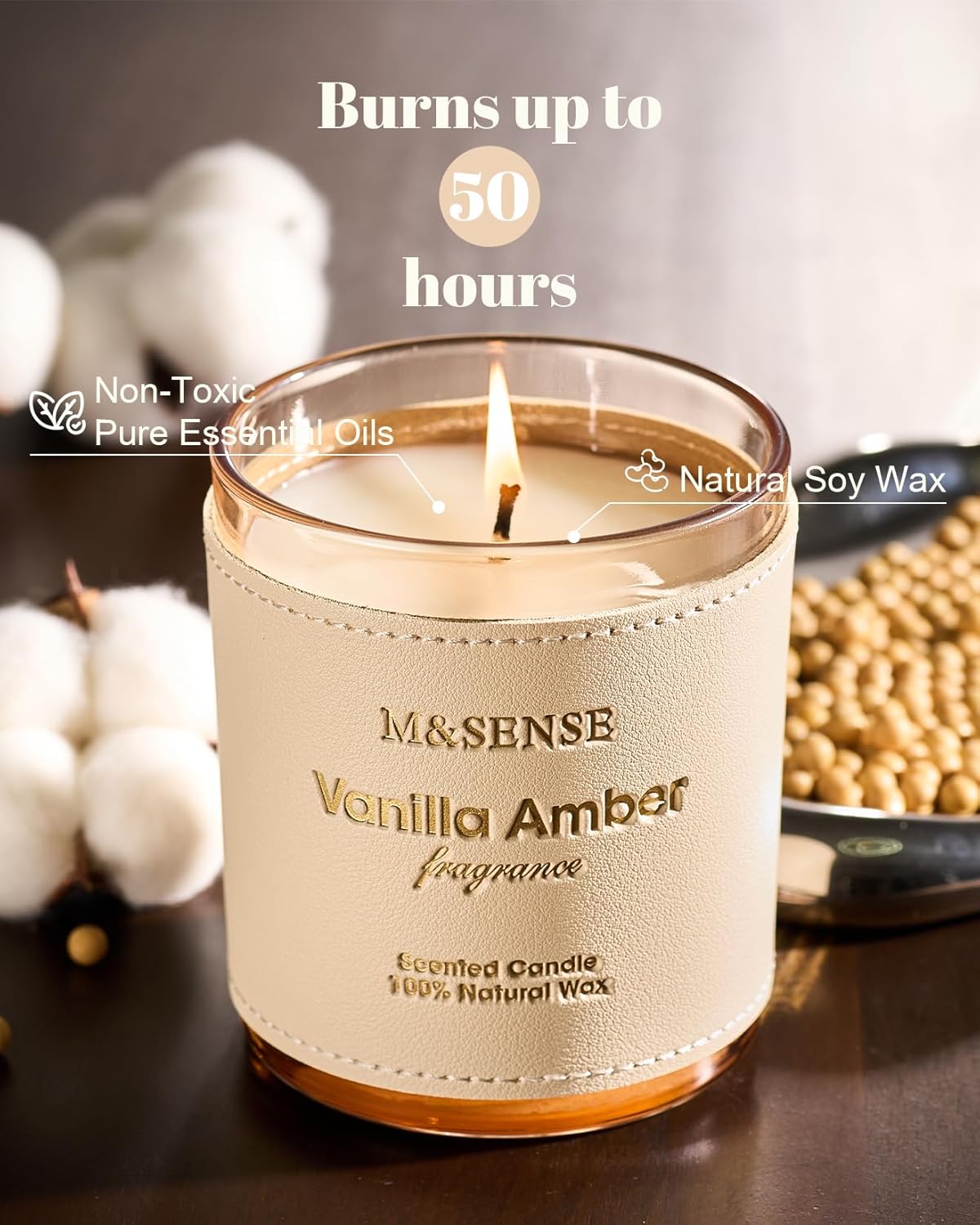 M&SENSE Vanilla Amber Scented Candles-Vegan Soy Wax, Floral Naturally Scented, No Toxin 10oz 42-Hour Long Burning Time, Cozy Relaxing Calming Candle for Bathtub & Sleep, Housewarming Gift