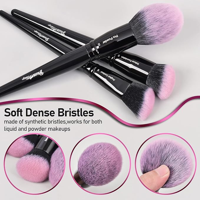 Bueart Design 18Pcs Pro Deluxe Fuchsia Pink Black Makeup Brushes set with Travel Make up Brush Holder case Foundation concealer contour Blush eyeshadow face make up brush set