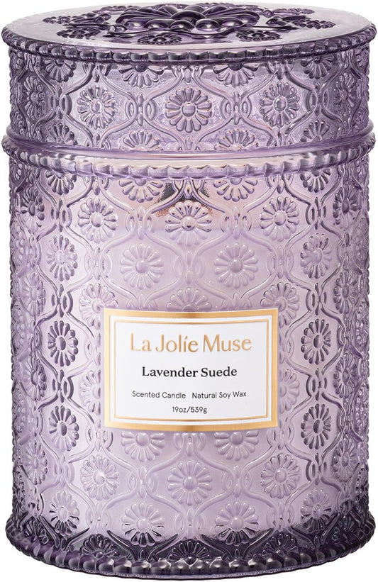 LA JOLIE MUSE Lavender Suede Candle – Eucalyptus, Lavender & Sandalwood 19 oz Large Wooden Wick Candle | Natural Soy Wax | 90 Hours Clean Burn | Aromatherapy Candle for Relaxation