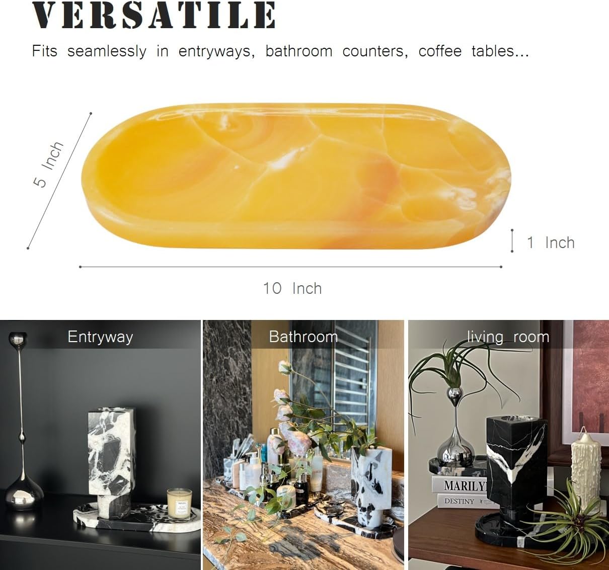 JINGJU Orange Jade Marble Oval Tray 10x5inches, Natural Stone Decorative Tray for Jewelry, Candle, Bathroom Counter, Coffee Table