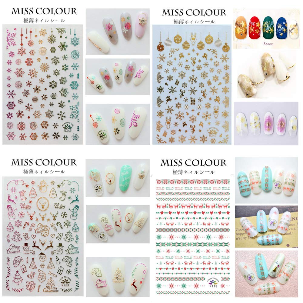 1500+ Patterns Christmas Nail Art Stickers Decals, Kalolary Self-adhesive Nail Stickers Santa Claus Snowflake Snowman Christmas Bell Tree Stick Elk for Christams Nail Decorations (12 Sheet Large Size)