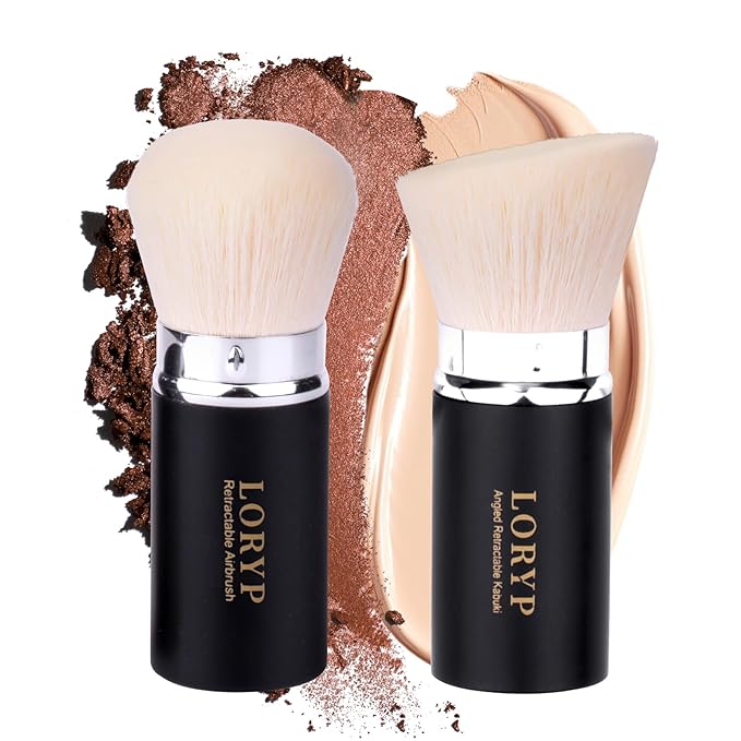 LORYP Retractable Makeup Brush Matte Black Kabuki Foundation Brush for liquid Cream and Powder Makeup 2 Pack Travel Makeup Brush Set