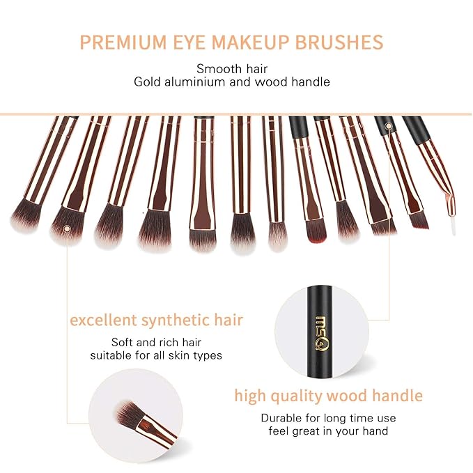 MSQ Eye Makeup Brushes 12pcs Rose Gold Eyeshadow Makeup Brushes Set with Soft Synthetic Hairs & Real Wood Handle for Eyeshadow, Eyebrow, Eyeliner, Blending(without bag)