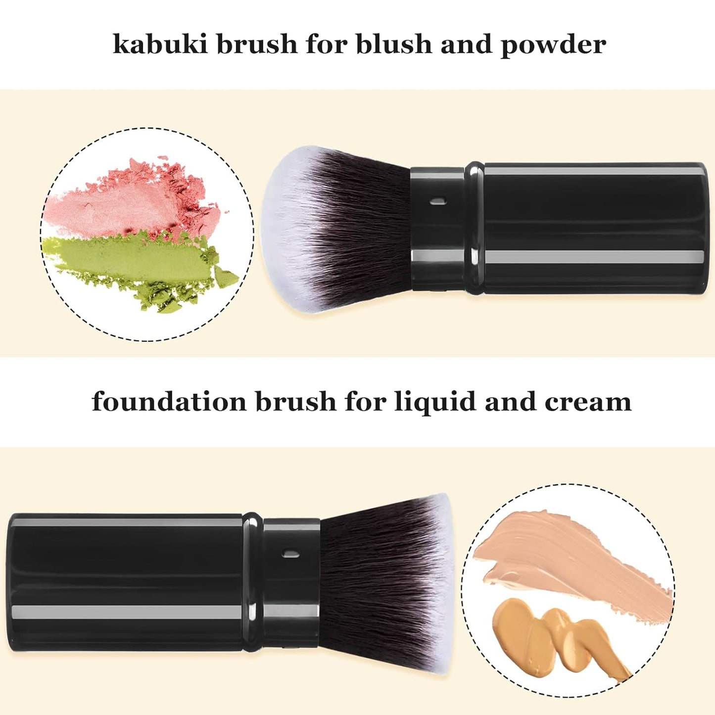 Retractable Makeup Brush 2 Pack, Travel Kabuki Powder Foundation Makeup Brush Face Blush Brushes for Blending Liquid, Blush, Bronzer, Buffing, Sunscreen,Flawless Cosmetics