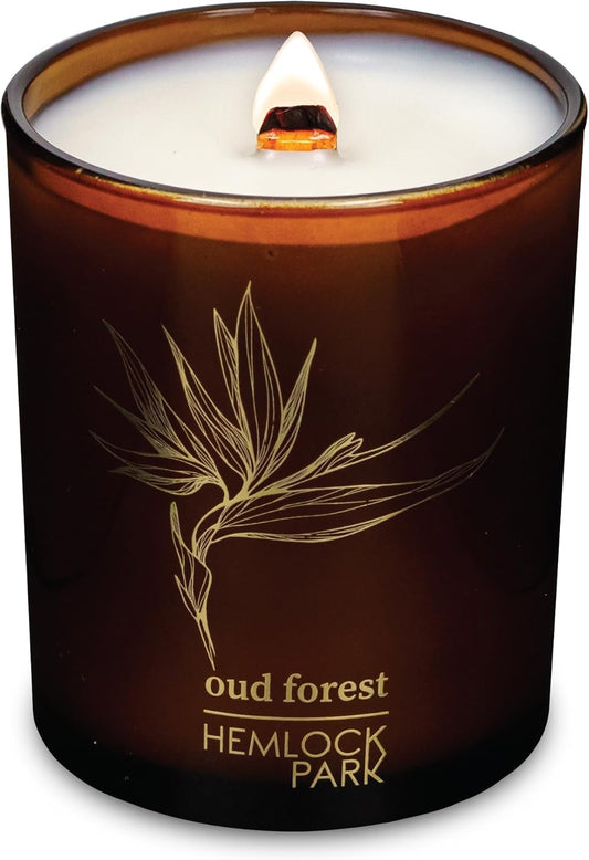 Hemlock Park Wood Wick Candle Handcrafted with Natural Coconut Wax and Essential Oils (Amber & Gold 7.2 oz, Oud Forest)