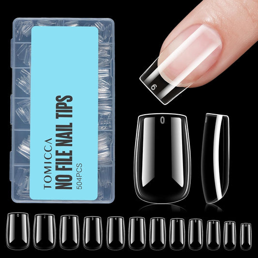 TOMICCA Short Square Nail Tips, 504Pcs Clear Press on Nails Square Full Cover Nail Tips Clear False Press on Nails, Soft Tips for Gel Nail Extension DIY Nail Salon 12 Sizes