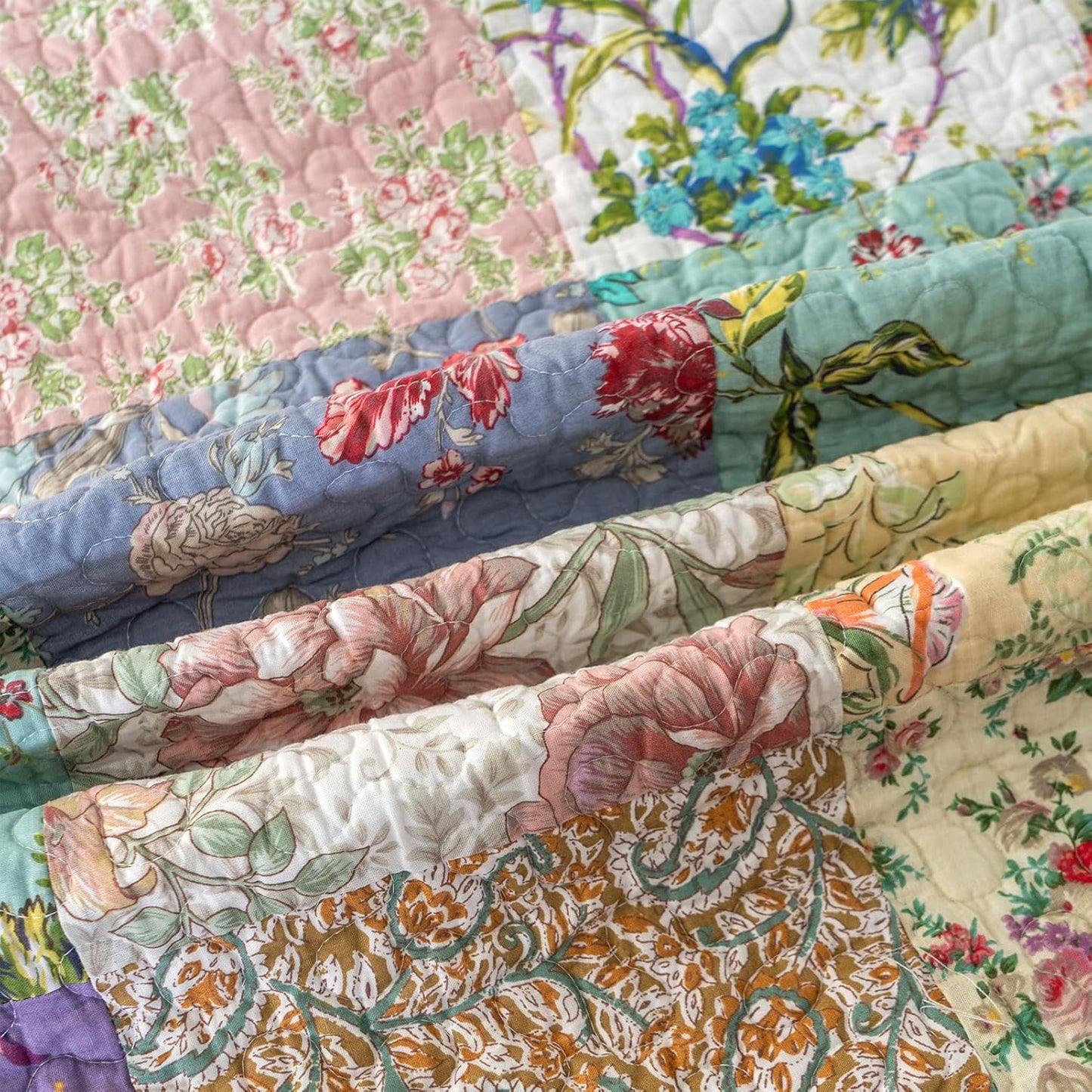 YAYIDAY Quilts Queen Size Patchwork Bedspread Set - 100% Cotton Reversible Breathable Floral Quilted Quilt with Pillow Shams Fit All Season