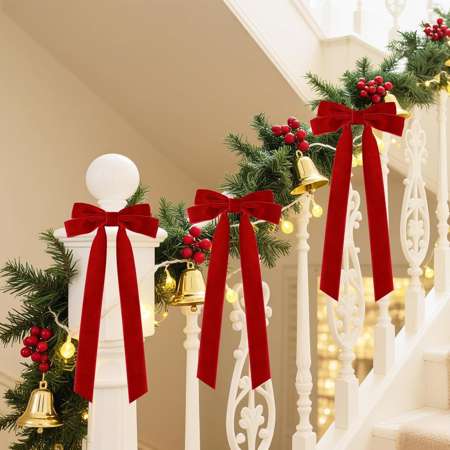 Senjie Velvet Large Christmas Bows for Staircase Garland Wreath, 20in x 8in Vintage Ribbon Bows with Twist Tie for Xmas Tree Holiday Indoor Outdoor Decorations (6Pcs, Red)