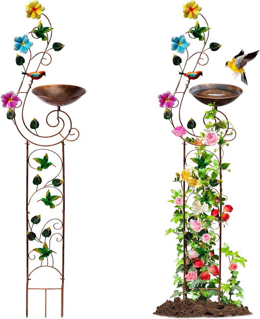 57" Height Metal Bird Bath with Trellis for Outdoor, Vintage Decorative Bird Baths, Small Garden Plant Support, Antique BirdBath for Climbing Plants with Detachable Iron Bowl (Hummingbird)
