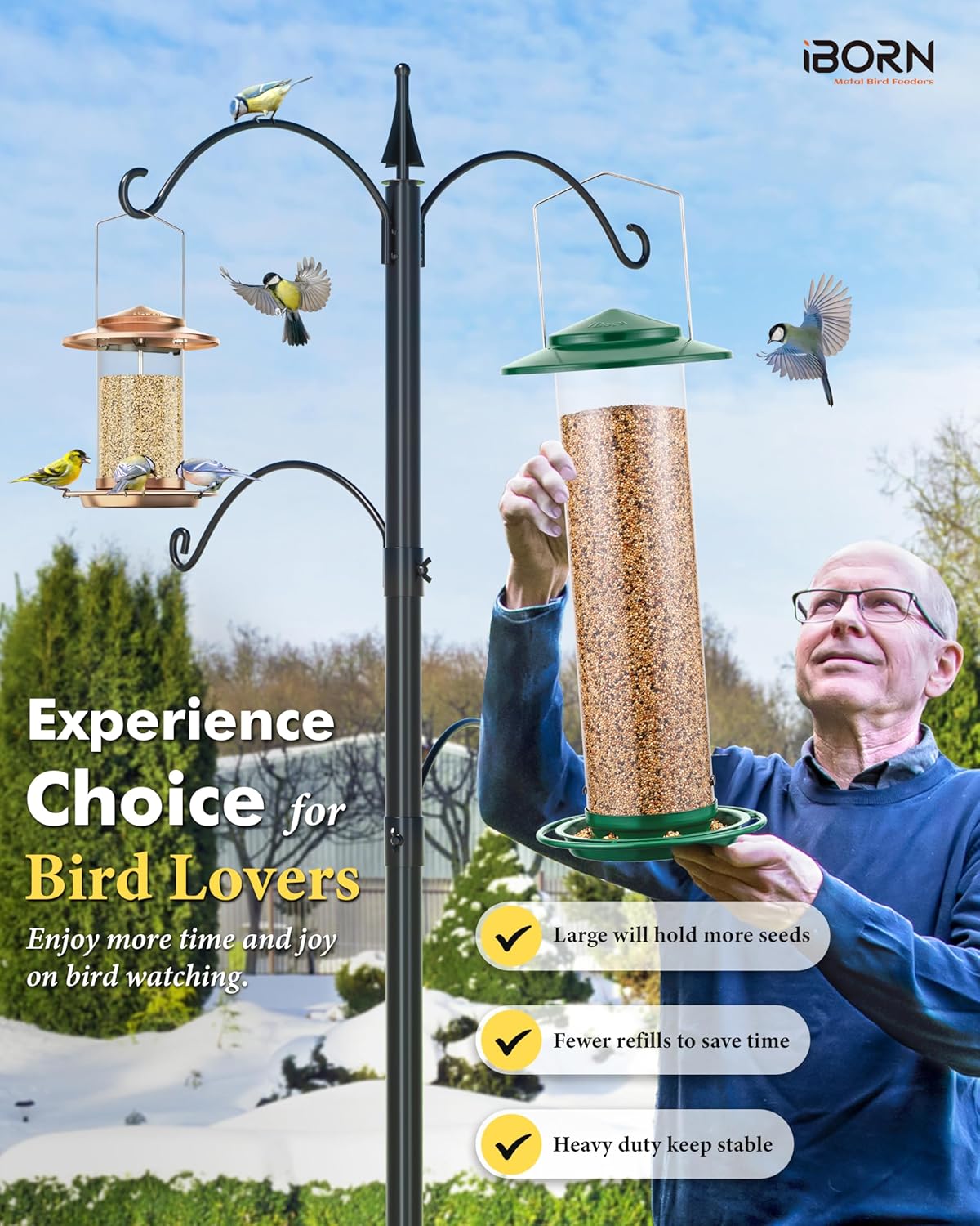 iBorn Metal Bird Feeder for Outside Hanging,Wild Bird Feeders for Cardinal,18cm Large Roof&Green,42CM Long,4.5lb High-Capacity(Seed is not Included)