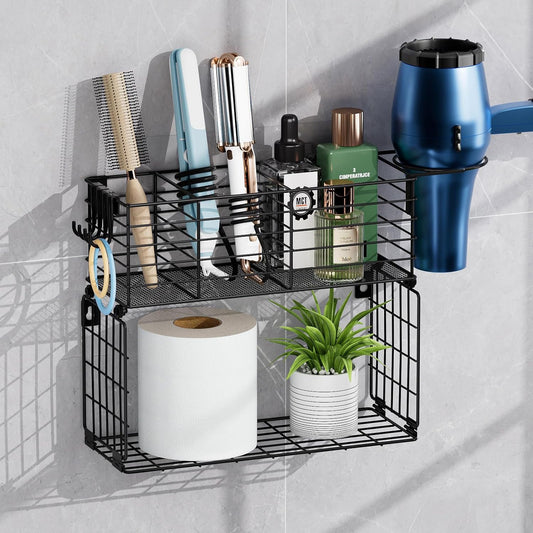 VITVITI Metal Hair Tool Organizer with Toilet Paper Basket, Bathroom Blow Dryer Curling Iron Holder Wall Mount, 2 Tiers Styling Tools Organizer for Straightener with Hooks, Black