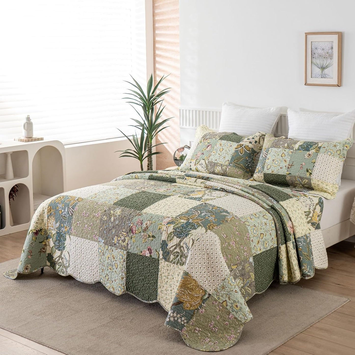 YAYIDAY Quilt King Size Patchwork Bedspread Set - 100% Cotton Reversible Breathable Floral Quilted Quilt with Pillow Shams Fit All Season