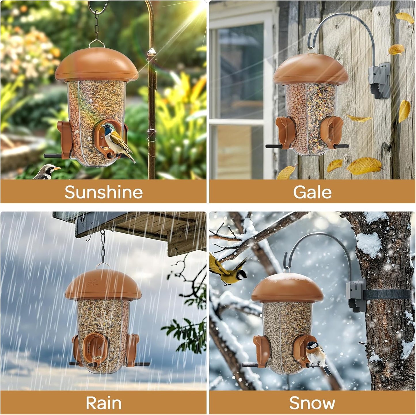LONA Bird Feeders for Outdoors Hanging – 3 Separate Compartments, 3 Feeding Ports, Weatherproof Dome & 3 Ways to Hang, Large Capacity for Cardinals/Finches (Brown，Plus