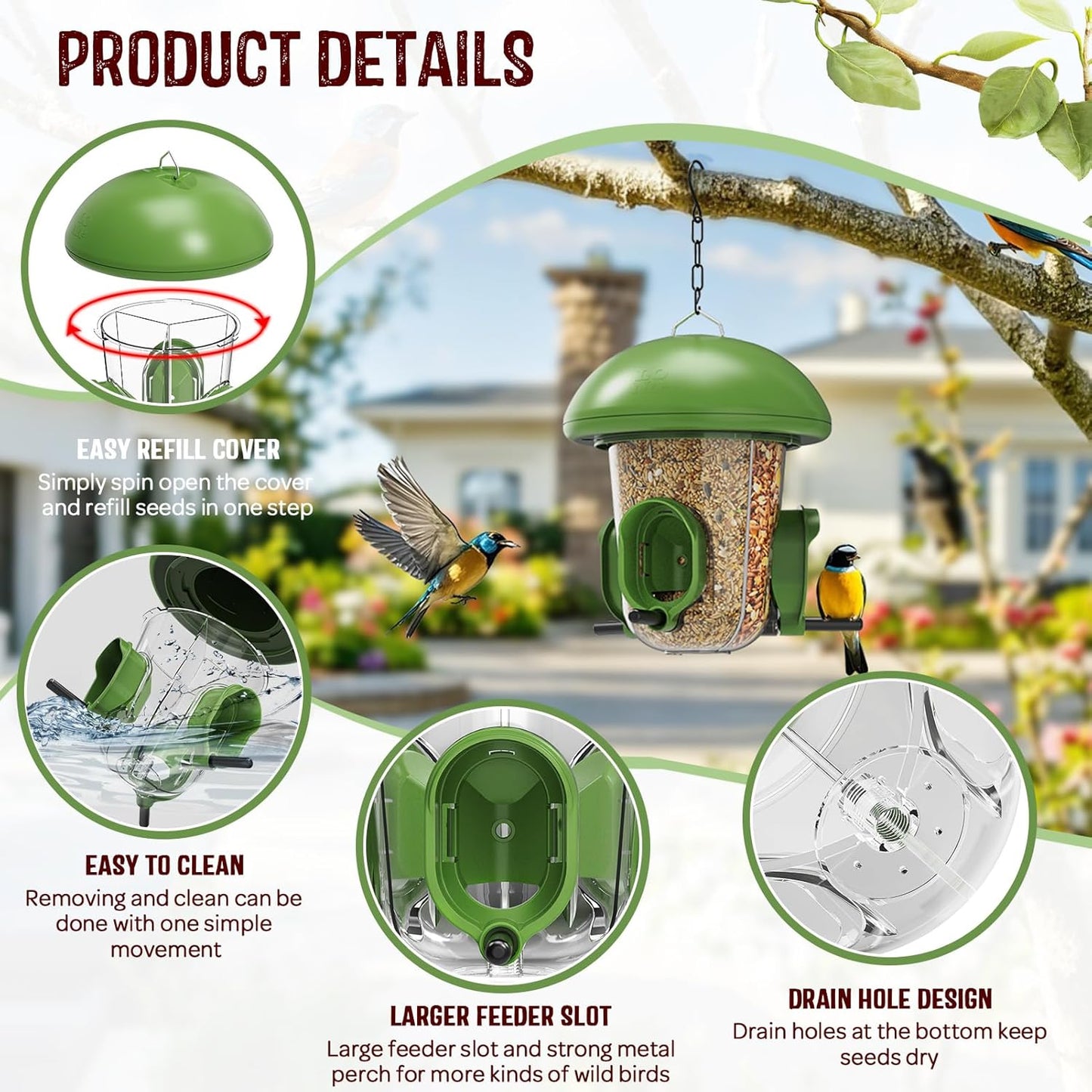 LONA Bird Feeders for Outdoors Hanging – 3 Separate Compartments, 3 Feeding Ports, Weatherproof Dome & 3 Ways to Hang, Large Capacity for Cardinals/Finches (Green