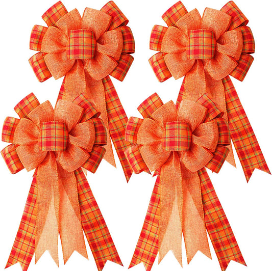 Iceyyyy 4Pcs Large Fall Thanksgiving Wreath Gift Bow -18.8x10.6inch Orange Buffalo Plaid Check Wreath Swag Bow Wreath Pre-Tied Bow for Fall, Thanksgiving, Christmas, Home Indoor Outdoor Ornaments