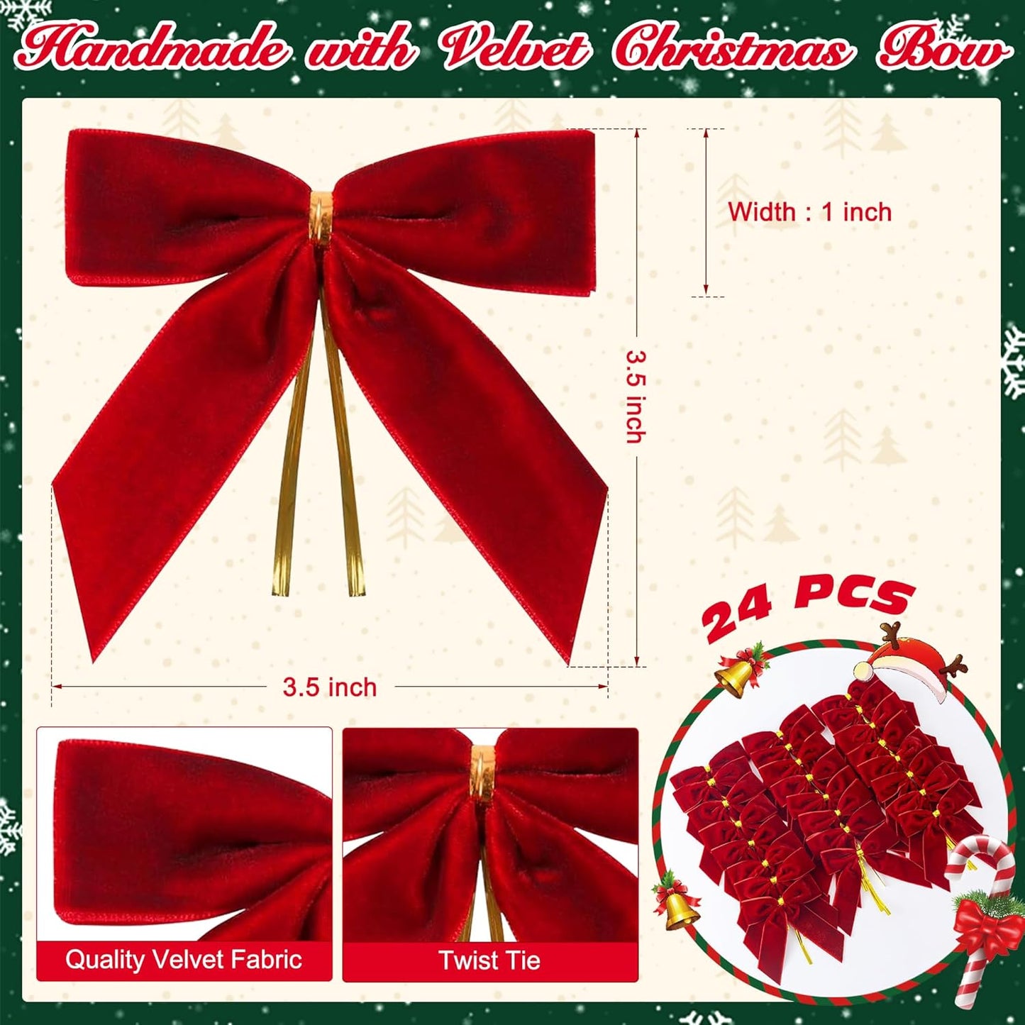 Red Velvet Bows for Christmas Tree Decorations, 24 Pcs Premium Velvet Ribbon Bows, Christmas Tree Ornaments for Xmas Wreaths, Gift Toppers & Holiday Home Decor(1" Width, 3.5x3.5 Inch)