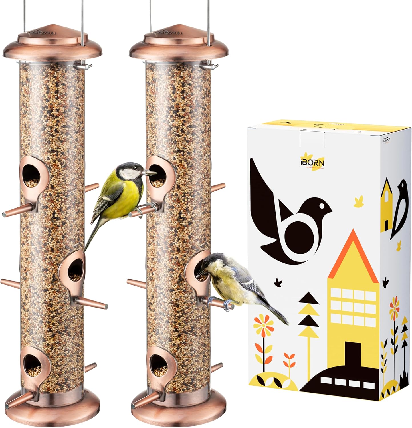 iBorn Metal Bird Feeders Brushed Copper Wild Bird Feeder for Outdoors Hanging All Metal Brushed Copper Finishing 14 Inch 6 Port,Pack of 2