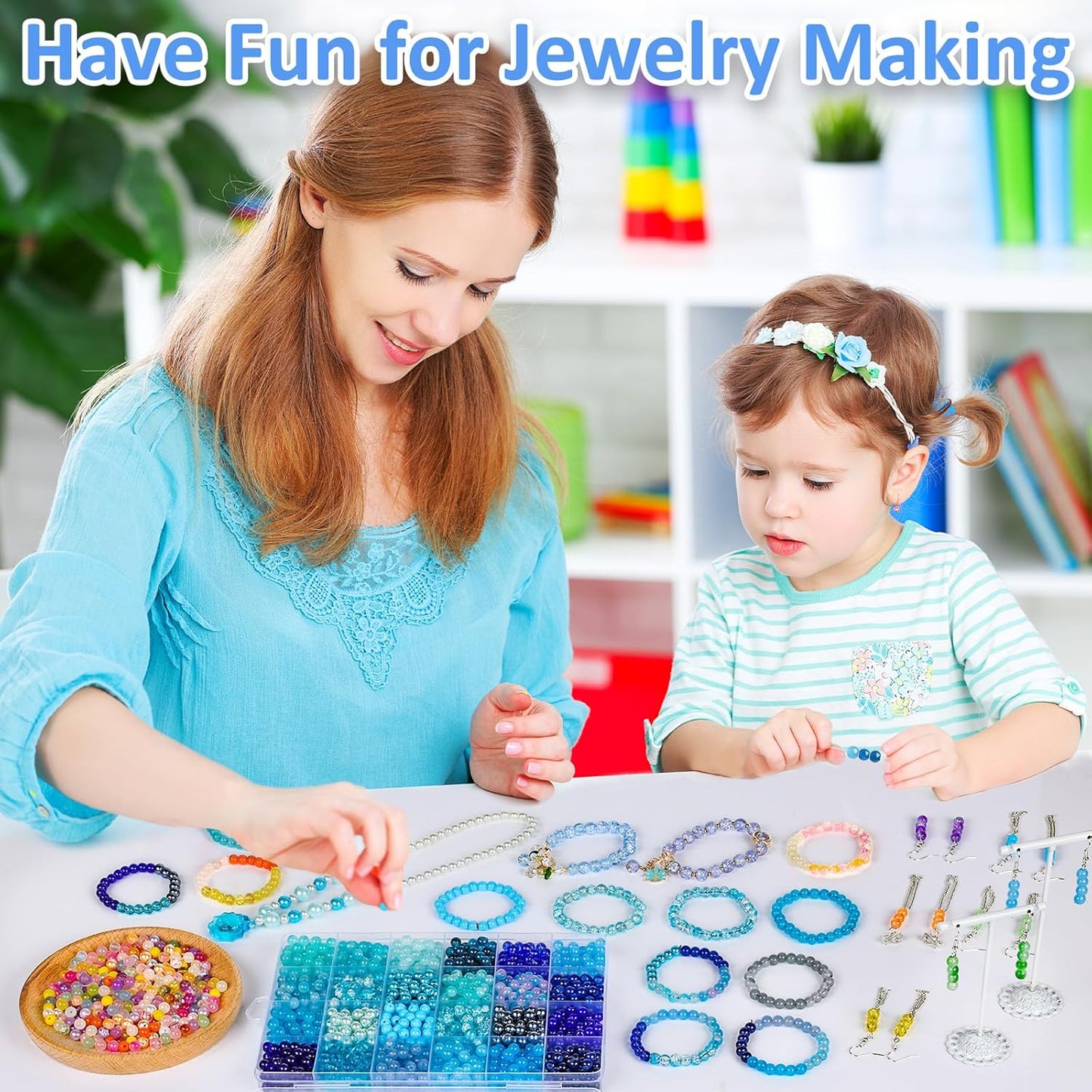 XSEINO About 1200PCS 6mm Glass Beads Bracelet Making Kit,24 Assorted Dreamy Blue Ocean Series Colorful Crystal Beads for Bracelet and Jewelry Making and DIY Crafts,Friendship Bracelets