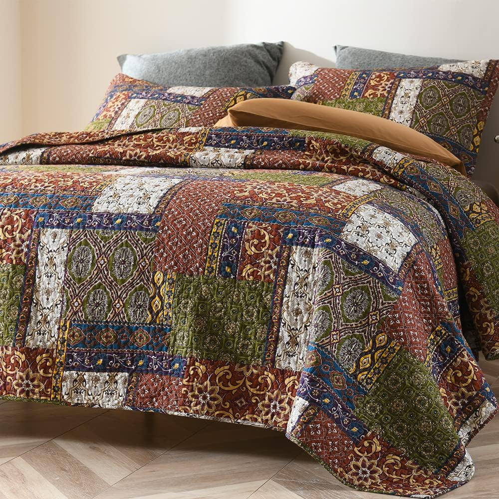 Cotton Bedspread Quilt Sets Reversible Coverlet Sets Comforters Vintage Bohemian Patchwork Bedspread (Brown, Queen Size)