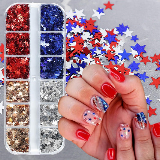 12 Grids Independence Day Nail Sequins，3D Holographic Nails Glitter Laser Star Nail Shining Flakes for Fourth of July Five-Pointed Star Mixed Sequins for America Patriotic Face Makeup Nail Decoration
