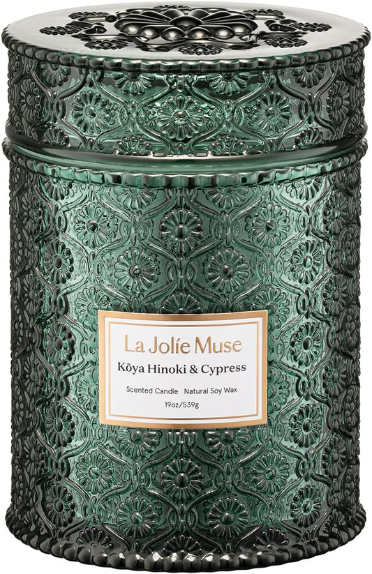 LA JOLIE MUSE Kōya Hinoki & Cypress Scented Candle – Pine, Leather & Hinoki | 19 oz Festive Christmas Candle | Wooden Wick | Clean Burn & Vibrant Scent | Fun Gift for Hosts & Fall Tablescapes