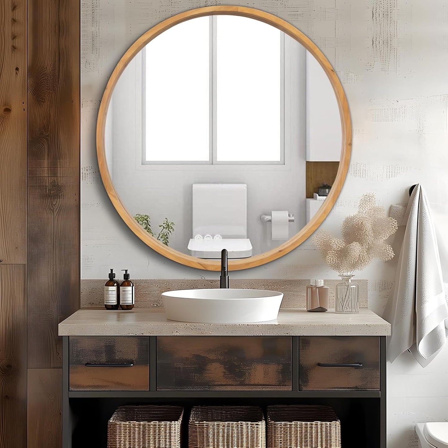 36" Bathroom Mirror, Round Wall Mirror with Wood Frame, Farmhouse Mirror for Wall Decor, Wall-Mounted Mirror for Bedroom, Living Room, Wood