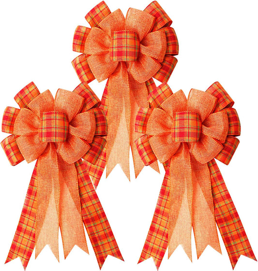 Iceyyyy 3Pcs Large Fall Thanksgiving Wreath Gift Bow -18.8x10.6inch Orange Buffalo Plaid Check Wreath Swag Bow Wreath Pre-Tied Bow for Fall, Thanksgiving, Christmas, Home Indoor Outdoor Ornaments
