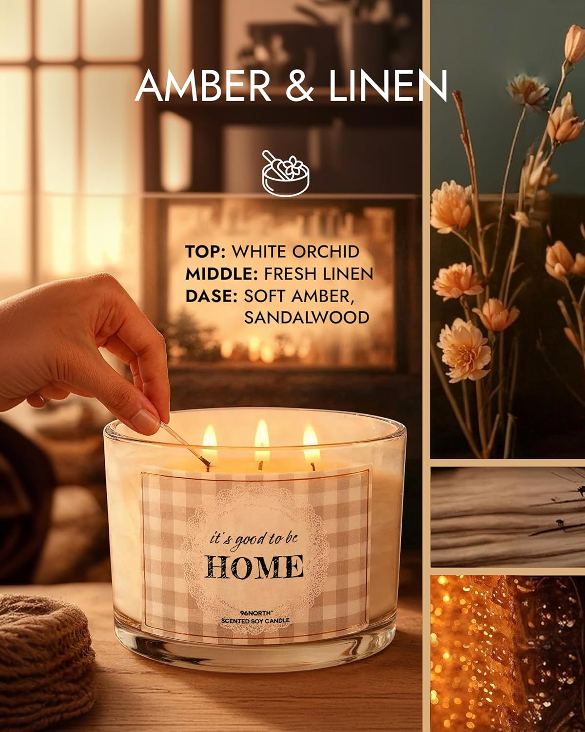 96NORTH Fresh Linen & Soft Amber Candle | Large 3 Wick Jar Candle | 12 Oz Up to 50 Hours Burning Time | 100% All Natural Soy Wax | Relaxing Aromatherapy Candle | Housewarming Gift for Women and Men