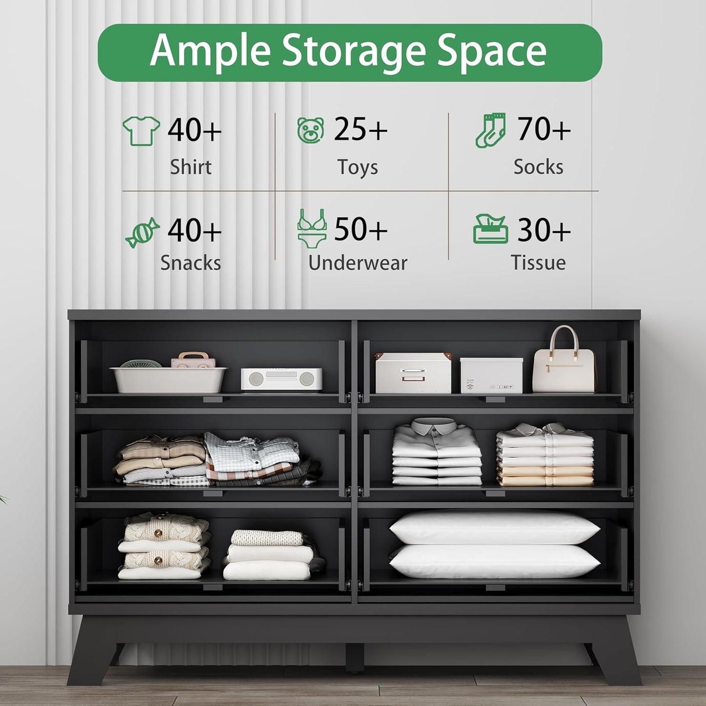 Fluted Dresser for Bedroom with 6 Drawers, 48" Wide Wooden Chest of Drawers with Metal Handle, Modern Dresser TV Stand, Wood Closet Clothes Storage Organizer for Living Room, Hallway, Black