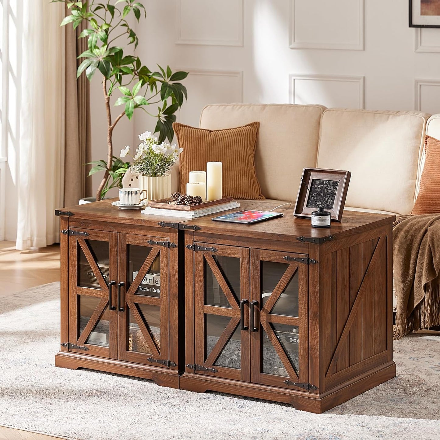 24" End Table with Charging Station, Farmhouse Night Stand with Glass Barn Door, Green Nightstands with Adjustable Storage Shelf, Large Wood Square Bed Side Table for Living Room, Bedroom