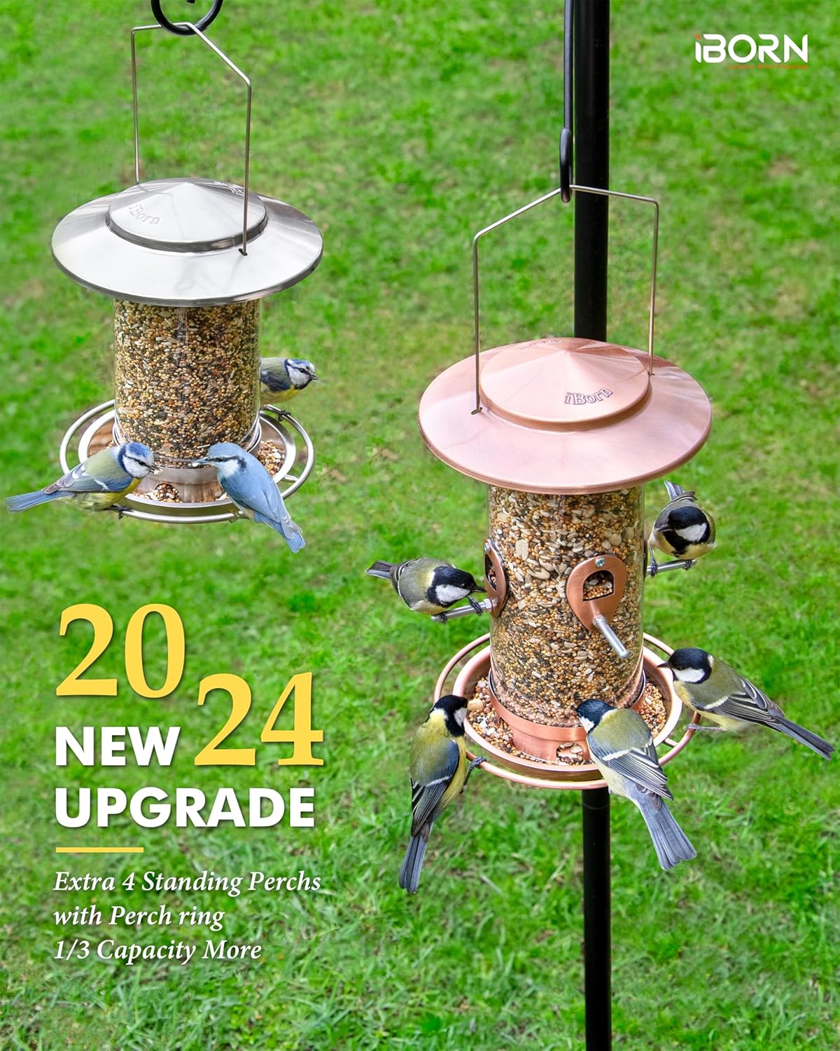iBorn Metal Bird Feeder for Outside Hanging,Wild Bird Feeders for Cardinal,18cm Large Roof&Tray Brushed Copper 10 Port(Seed is not Included)