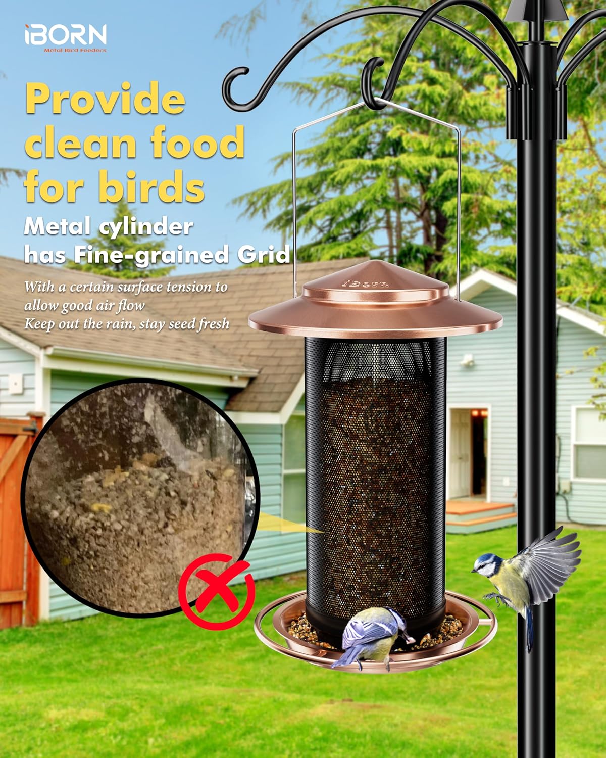 iBorn Bird Feeders for Outdoors, All Metal Mesh Tube, Holding Bird Seed for Outside Feeders,18cm Large Roof, Copper, 2.8lb(Seed is not Included)