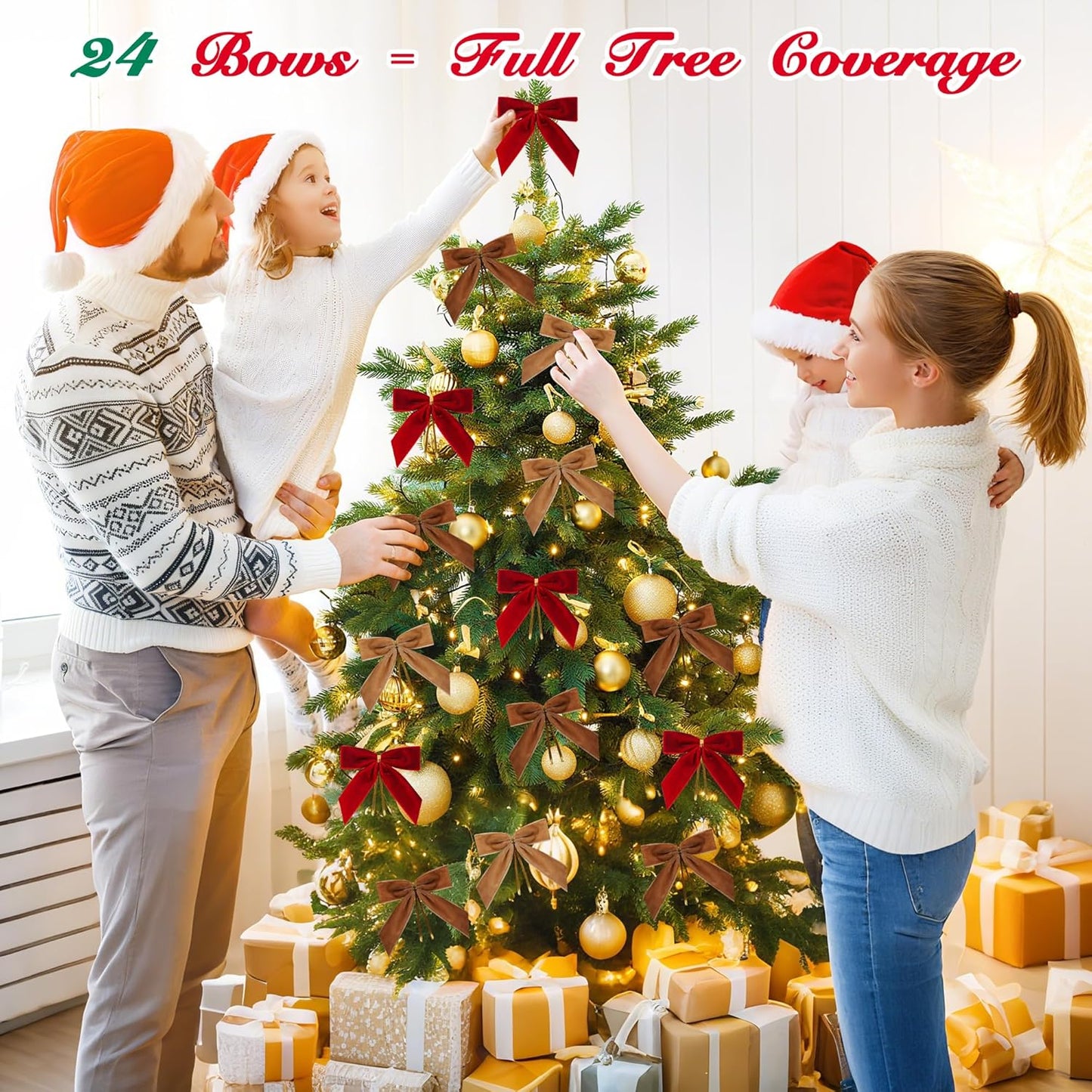 Burgundy Velvet Bows for Christmas Tree Decorations, 24 Pcs Premium Velvet Ribbon Bows, Christmas Tree Ornaments for Xmas Wreaths, Gift Toppers & Holiday Home Decor(1" Width, 3.5x3.5 Inch)